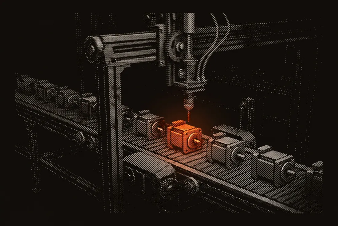 A tier-1 component maker's DC/servo motor production line, in dot-matrix.