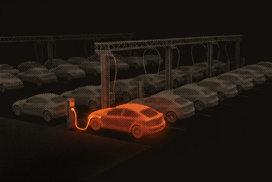 An EV mobility fleet charging depot, in dot-matrix.